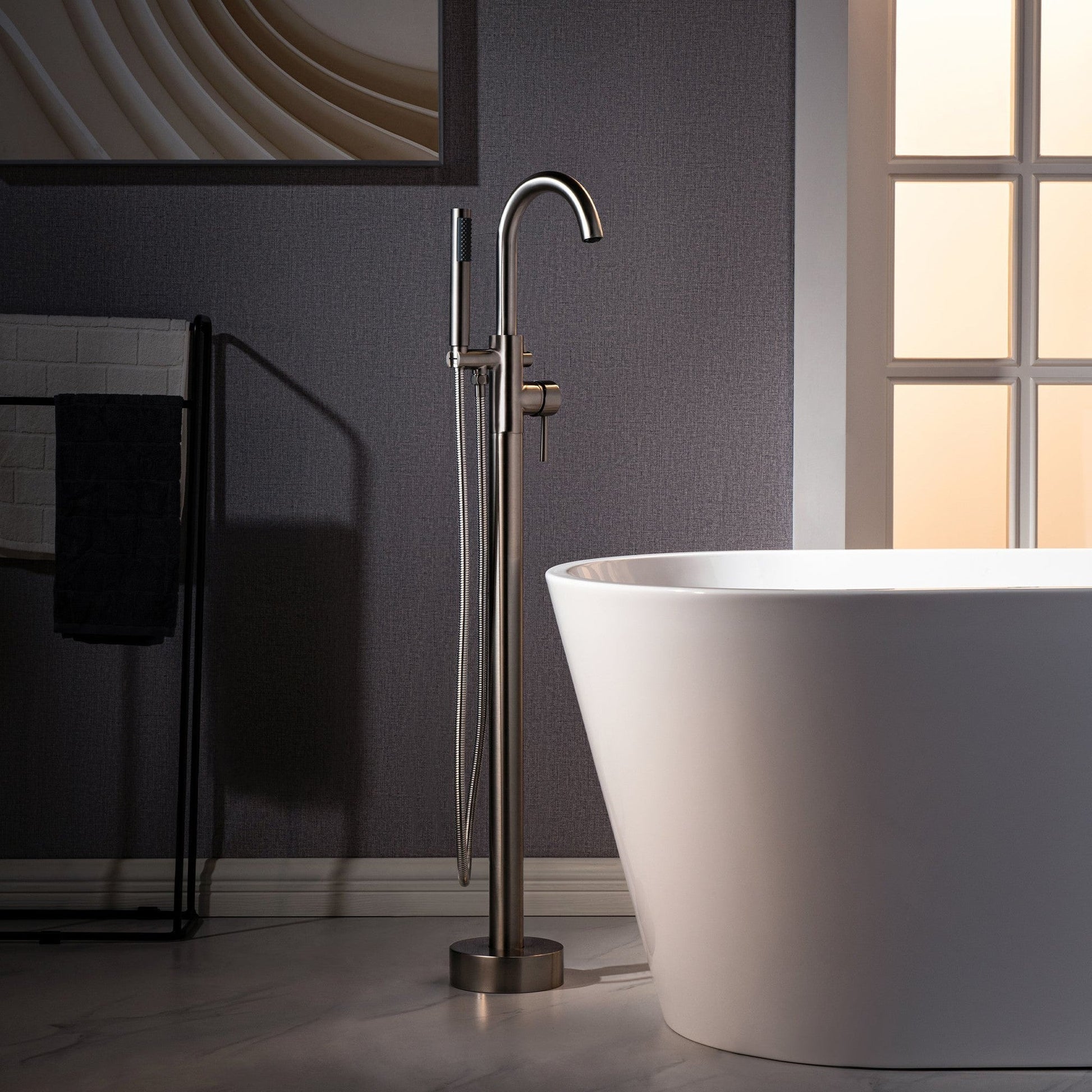 WoodBridge B1538 71" White Acrylic Freestanding Soaking Bathtub With Brushed Nickel Overflow, Drain, F0023BNRD Tub Filler and Caddy Tray