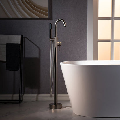 WoodBridge B1538 71" White Acrylic Freestanding Soaking Bathtub With Brushed Nickel Overflow, Drain, F0023BNRD Tub Filler and Caddy Tray