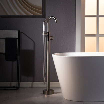 WoodBridge B1538 71" White Acrylic Freestanding Soaking Bathtub With Brushed Nickel Overflow, Drain, F0023BNVT Tub Filler and Caddy Tray