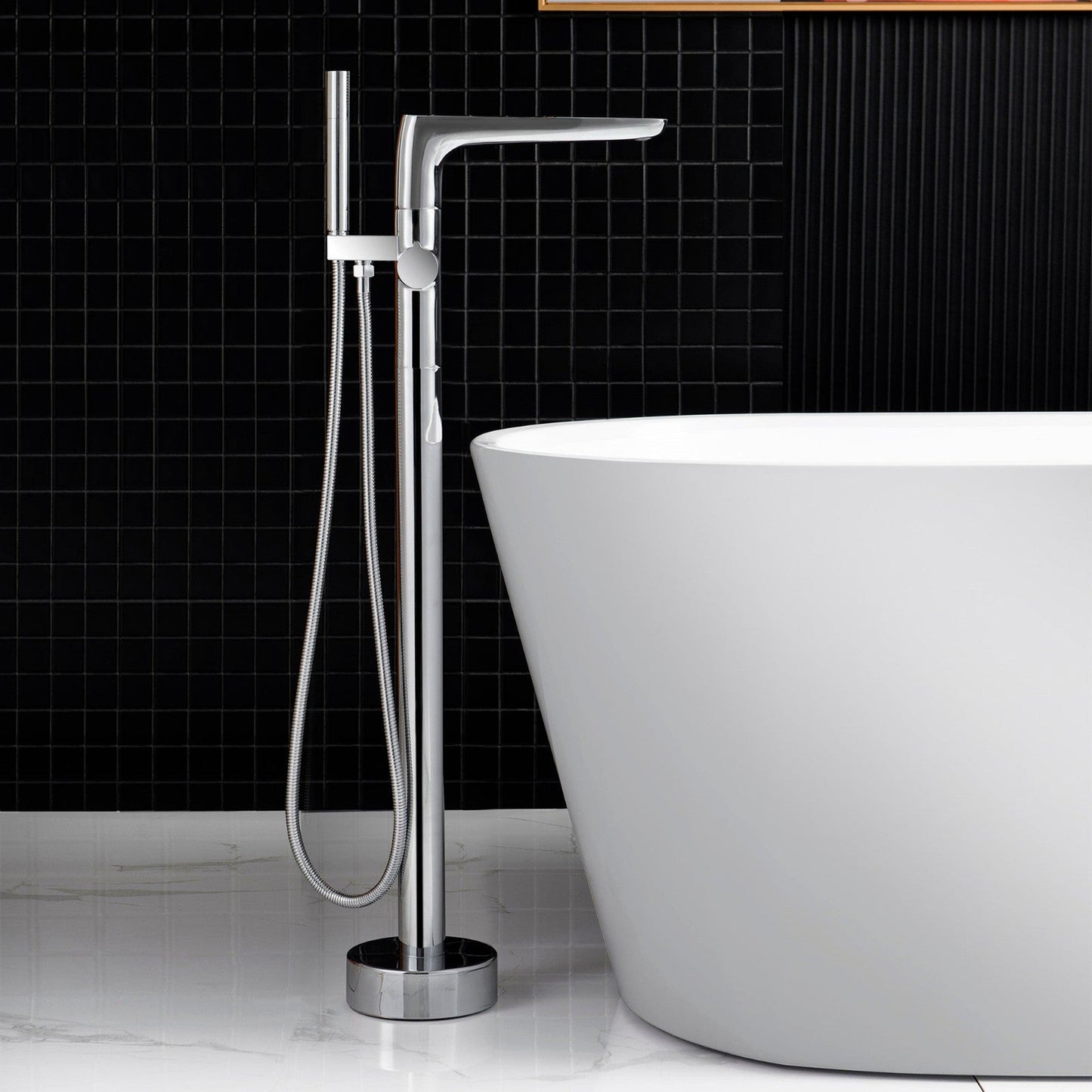 WoodBridge B1538 71" White Acrylic Freestanding Soaking Bathtub With Chrome Overflow, Drain, F-0013 Tub Filler and Caddy Tray