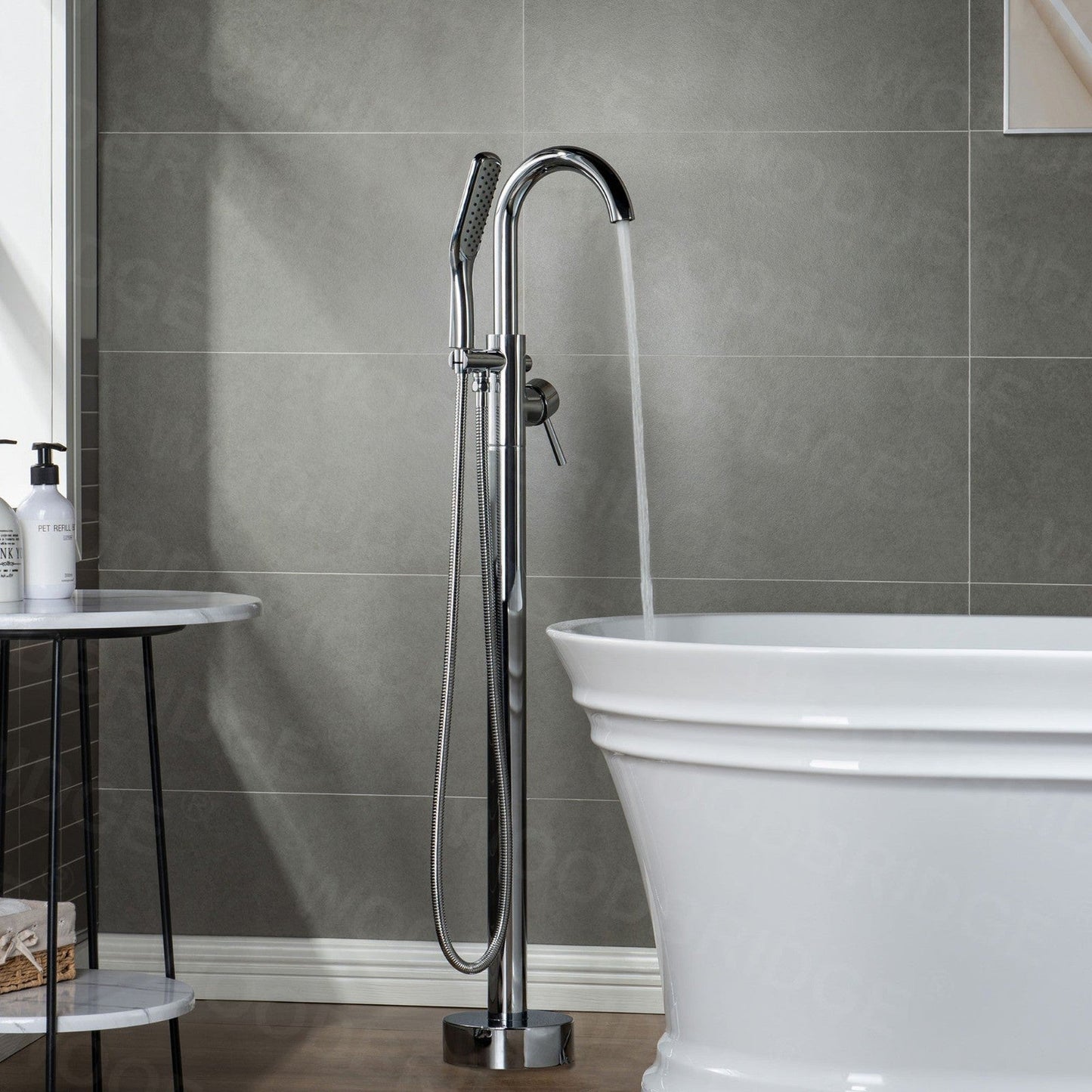 WoodBridge B1538 71" White Acrylic Freestanding Soaking Bathtub With Chrome Overflow, Drain, F0002CHSQ Tub Filler and Caddy Tray