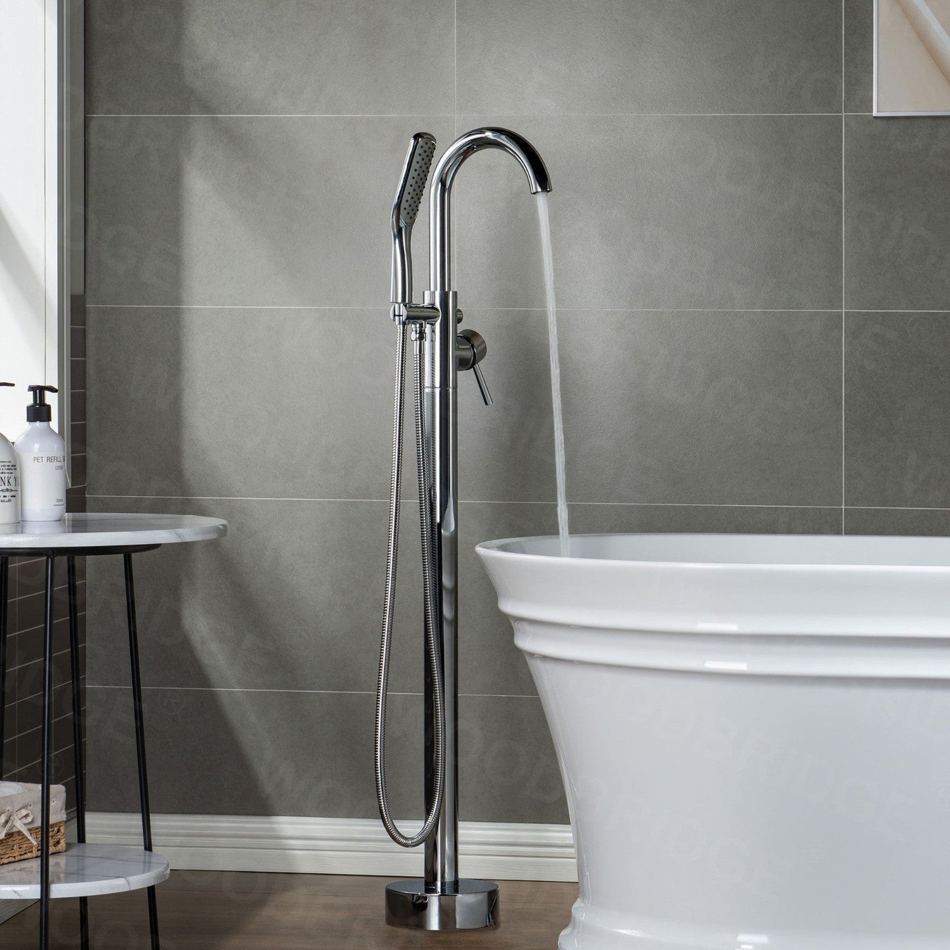 WoodBridge B1538 71" White Acrylic Freestanding Soaking Bathtub With Chrome Overflow, Drain, F0002CHSQ Tub Filler and Caddy Tray