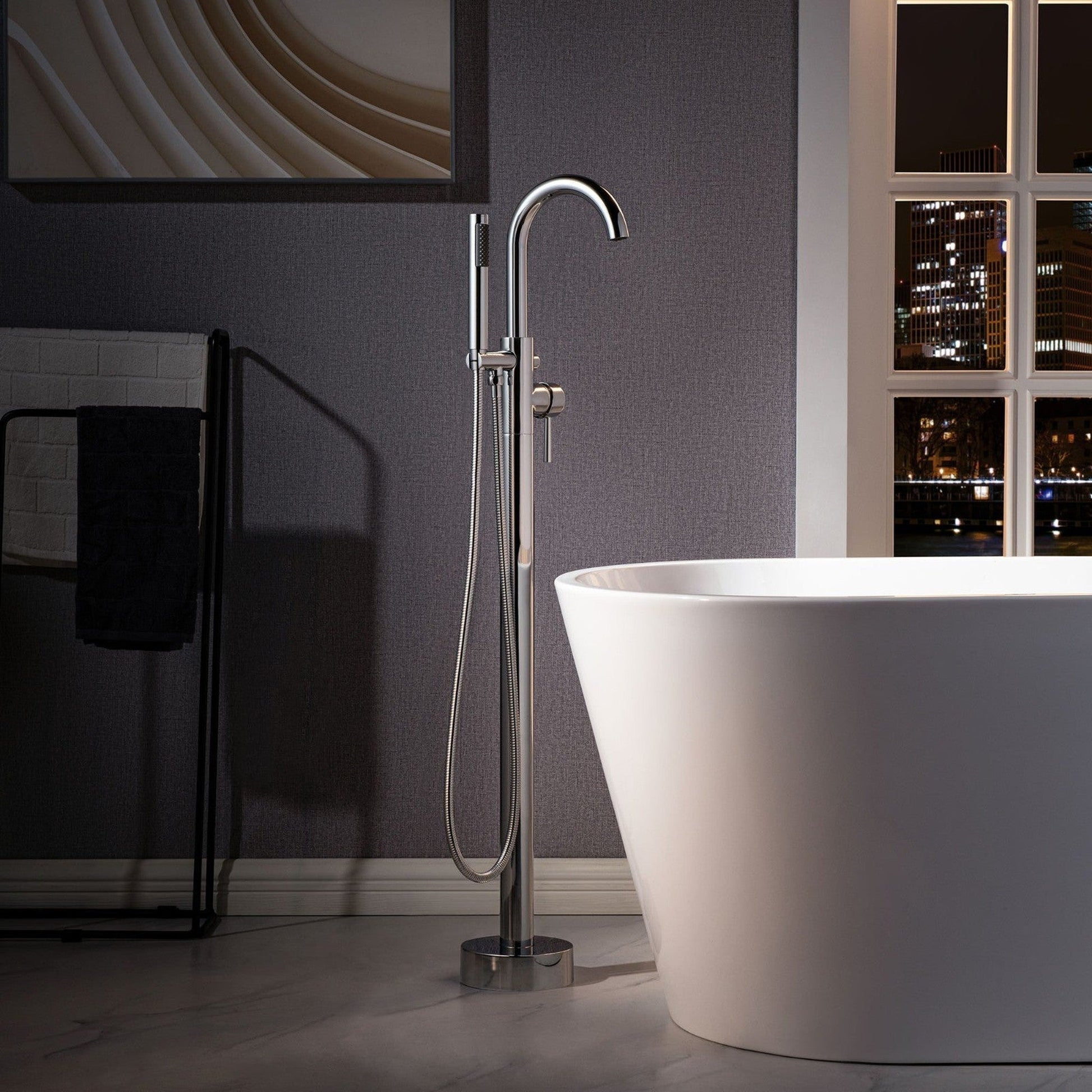 WoodBridge B1538 71" White Acrylic Freestanding Soaking Bathtub With Chrome Overflow, Drain, F0024CHRD Tub Filler and Caddy Tray