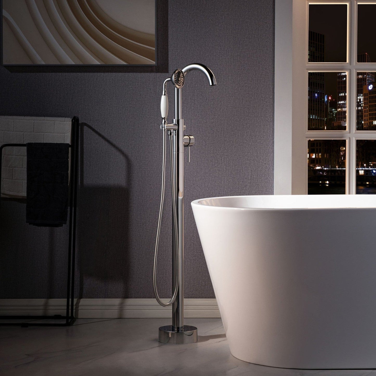 WoodBridge B1538 71" White Acrylic Freestanding Soaking Bathtub With Chrome Overflow, Drain, F0024CHVT Tub Filler and Caddy Tray