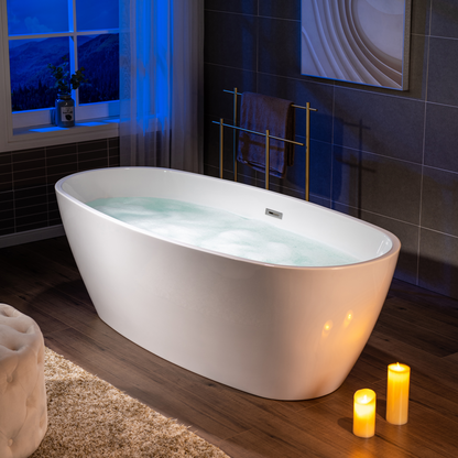WoodBridge B1538 71" White Acrylic Freestanding Soaking Bathtub With Chrome Overflow, Drain, F0024CHVT Tub Filler and Caddy Tray