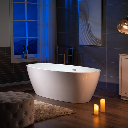 WoodBridge B1538 71" White Acrylic Freestanding Soaking Bathtub With Chrome Overflow, Drain, F0024CHVT Tub Filler and Caddy Tray