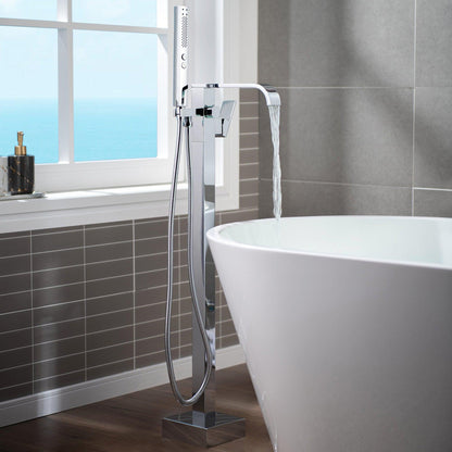 WoodBridge B1538 71" White Acrylic Freestanding Soaking Bathtub With Chrome Overflow, Drain, F0036CH Tub Filler and Caddy Tray