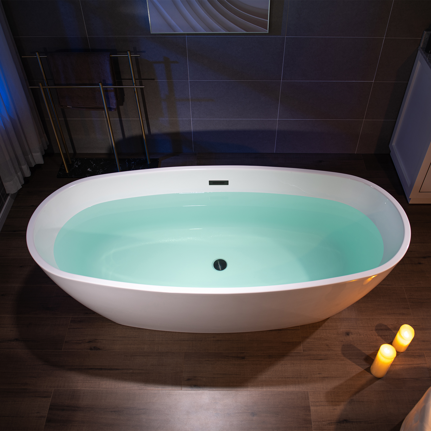 WoodBridge B1538 71" White Acrylic Freestanding Soaking Bathtub With Matte Black Overflow and Drain