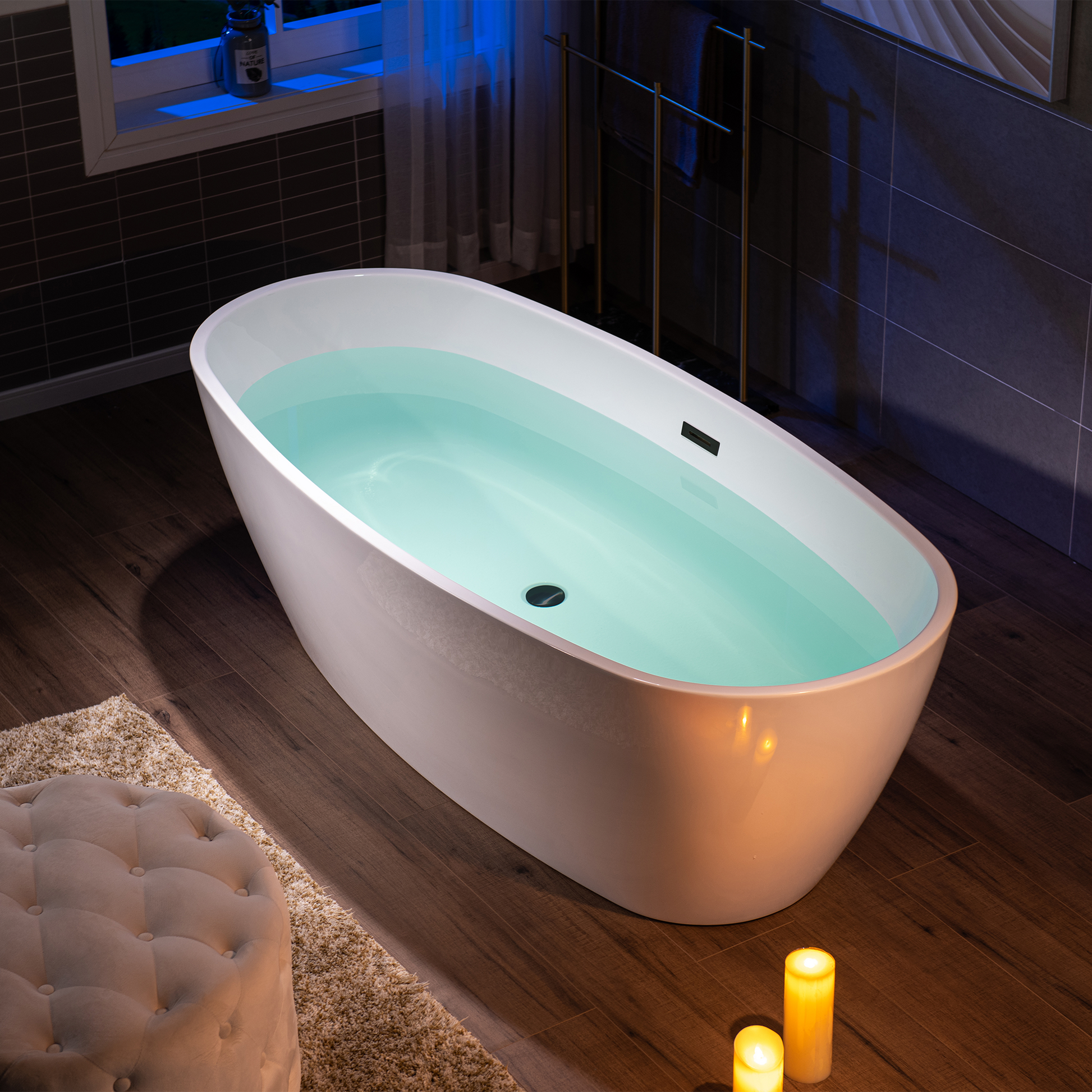 WoodBridge B1538 71" White Acrylic Freestanding Soaking Bathtub With Matte Black Overflow and Drain