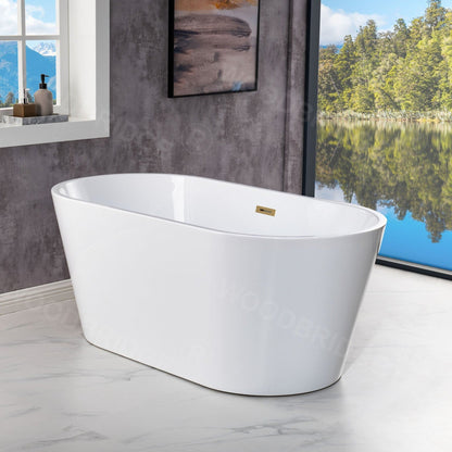 WoodBridge B1702 54" White Acrylic Freestanding Soaking Bathtub With Brushed Gold Drain, Overflow, F-0003-BG Tub Filler and Caddy Tray