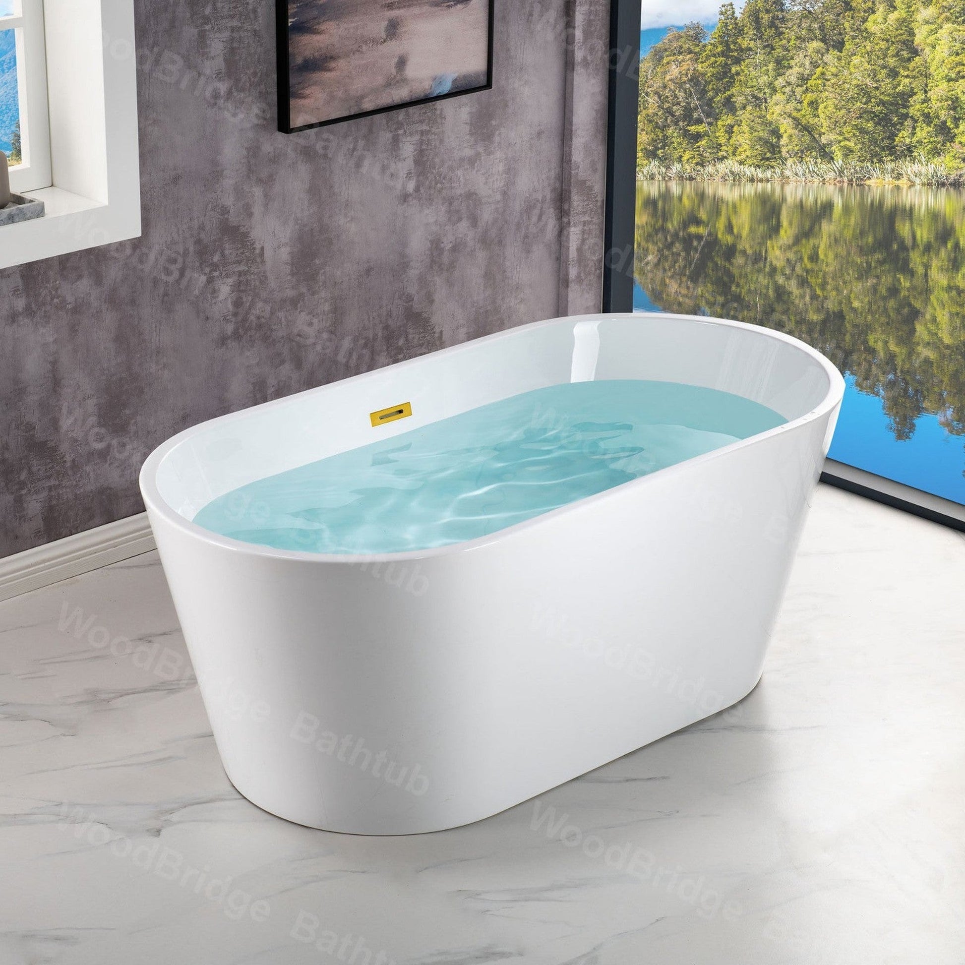 WoodBridge B1702 54" White Acrylic Freestanding Soaking Bathtub With Brushed Gold Drain, Overflow, F-0003-BG Tub Filler and Caddy Tray