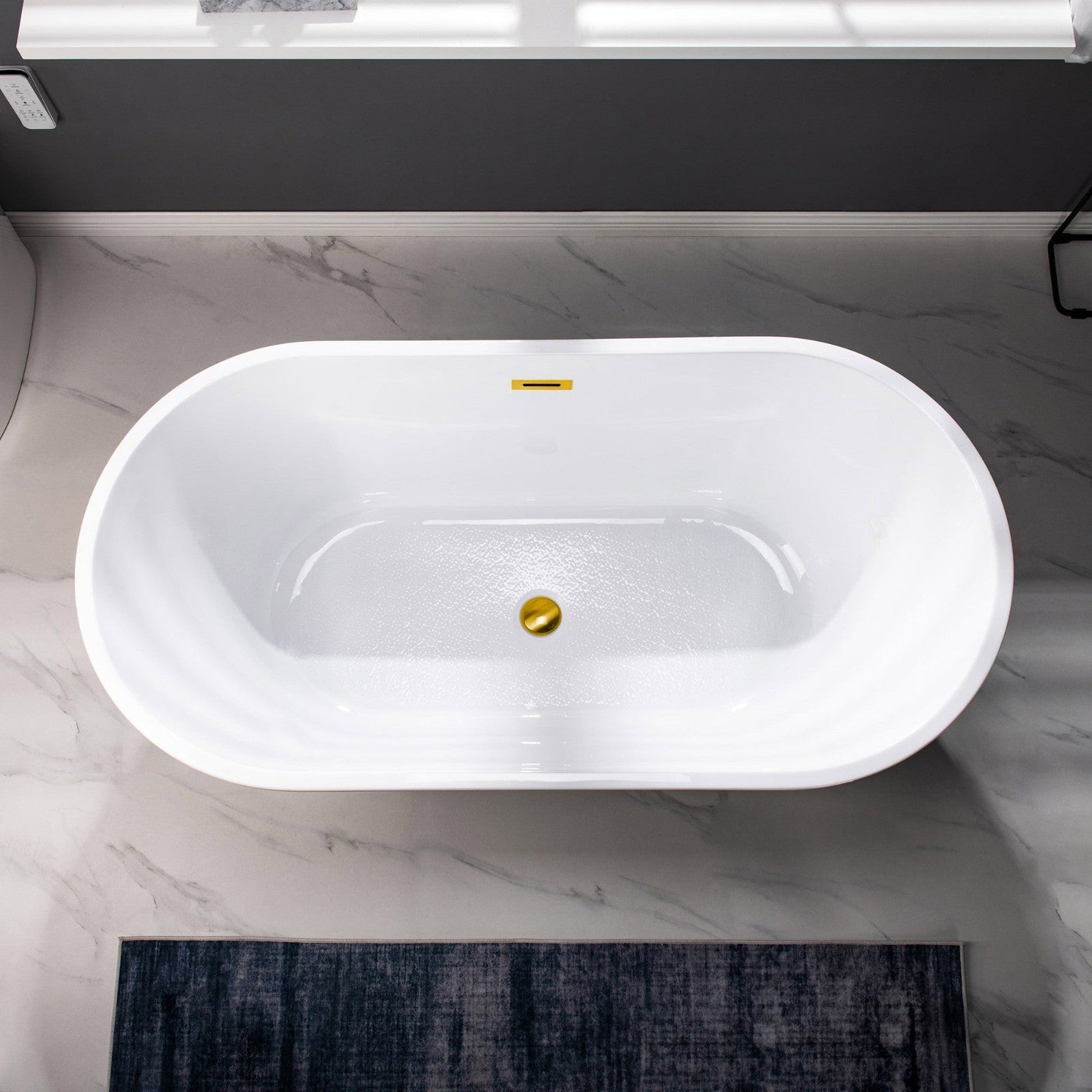 WoodBridge B1702 54" White Acrylic Freestanding Soaking Bathtub With Brushed Gold Drain, Overflow, F-0003-BG Tub Filler and Caddy Tray