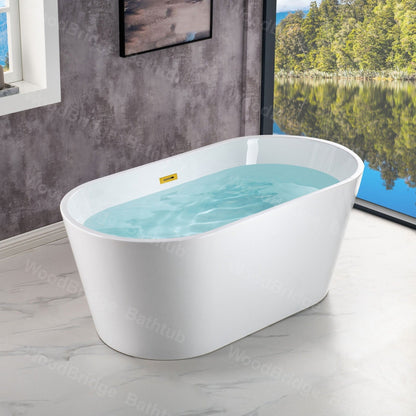 WoodBridge B1702 54" White Acrylic Freestanding Soaking Bathtub With Brushed Gold Drain, Overflow, F-0007BGRD Tub Filler and Caddy Tray