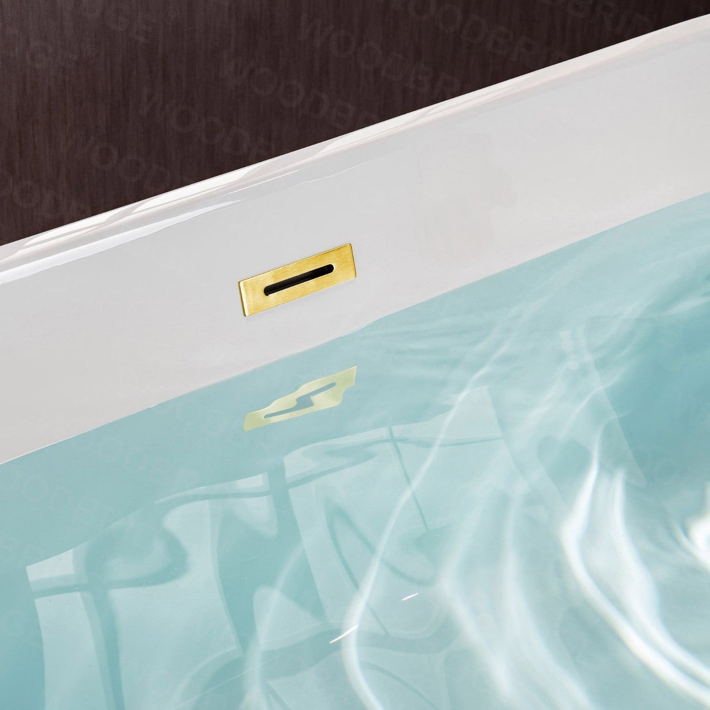 WoodBridge B1702 54" White Acrylic Freestanding Soaking Bathtub With Brushed Gold Drain, Overflow, F0039BG Tub Filler and Caddy Tray