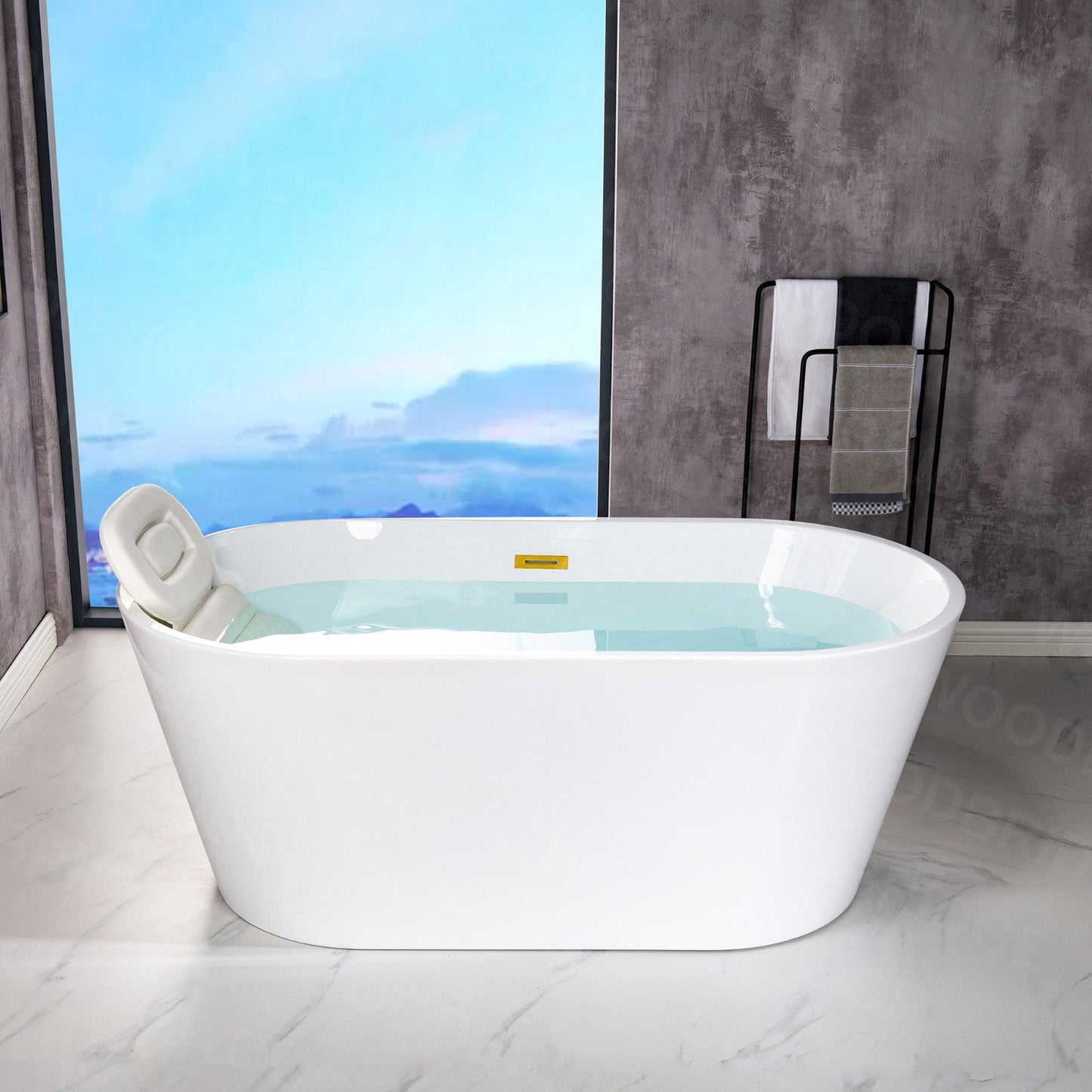 WoodBridge B1702 54" White Acrylic Freestanding Soaking Bathtub With Brushed Gold Drain and Overflow