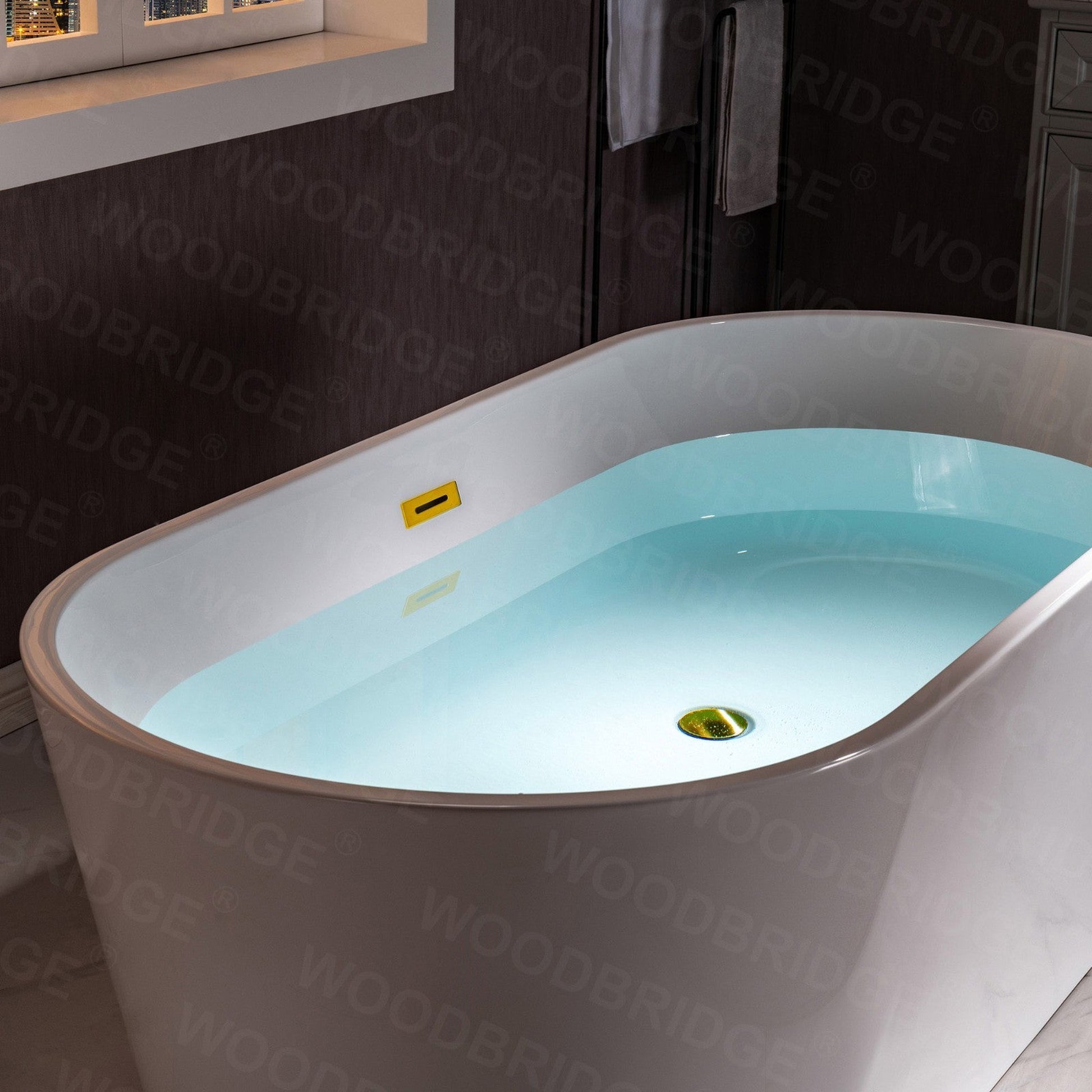 WoodBridge B1702 54" White Acrylic Freestanding Soaking Bathtub With Brushed Gold Drain and Overflow