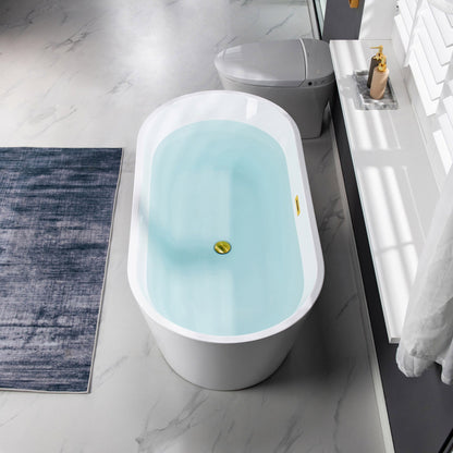 WoodBridge B1702 54" White Acrylic Freestanding Soaking Bathtub With Brushed Gold Drain and Overflow