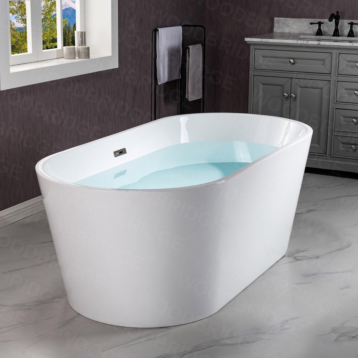 WoodBridge B1702 54" White Acrylic Freestanding Soaking Bathtub With Brushed Nickel Drain, Overflow, F-0014 Tub Filler and Caddy Tray