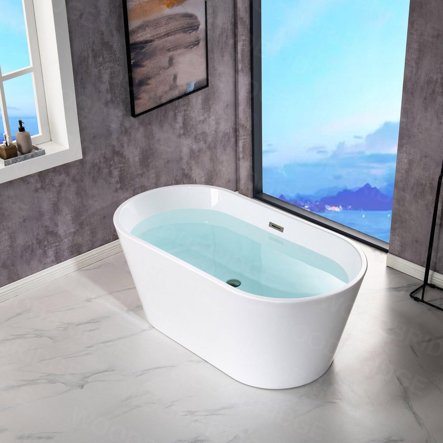 WoodBridge B1702 54" White Acrylic Freestanding Soaking Bathtub With Brushed Nickel Drain, Overflow, F-0014 Tub Filler and Caddy Tray