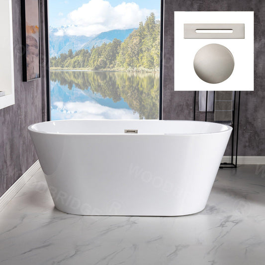 WoodBridge B1702 54" White Acrylic Freestanding Soaking Bathtub With Brushed Nickel Drain, Overflow, F-0018BN Tub Filler and Caddy Tray