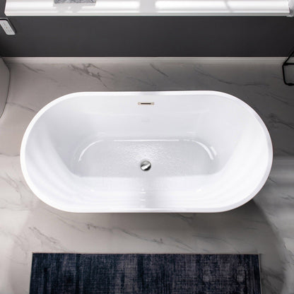 WoodBridge B1702 54" White Acrylic Freestanding Soaking Bathtub With Brushed Nickel Drain, Overflow, F0001BNRD Tub Filler and Caddy Tray