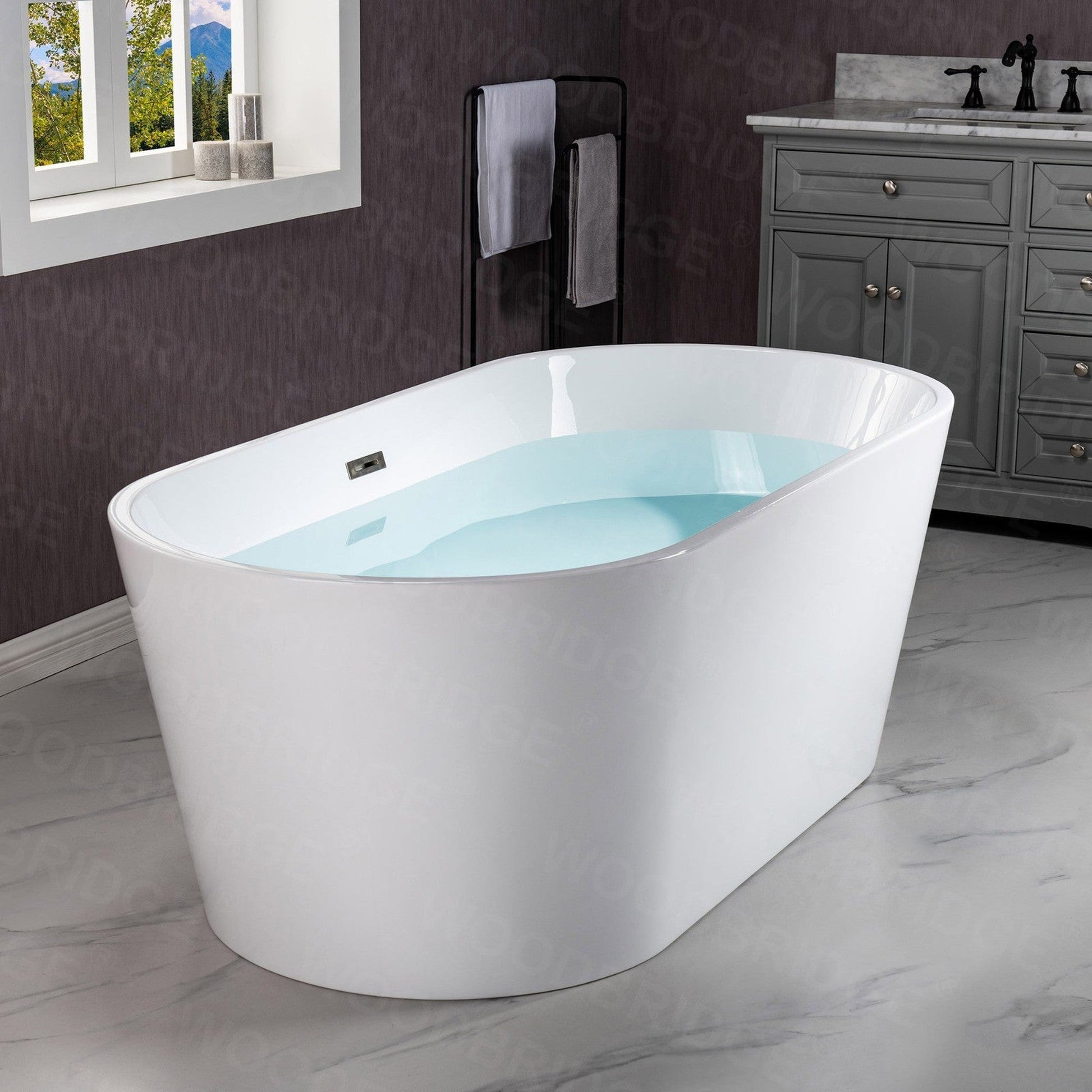 WoodBridge B1702 54" White Acrylic Freestanding Soaking Bathtub With Brushed Nickel Drain, Overflow, F0001BNRD Tub Filler and Caddy Tray