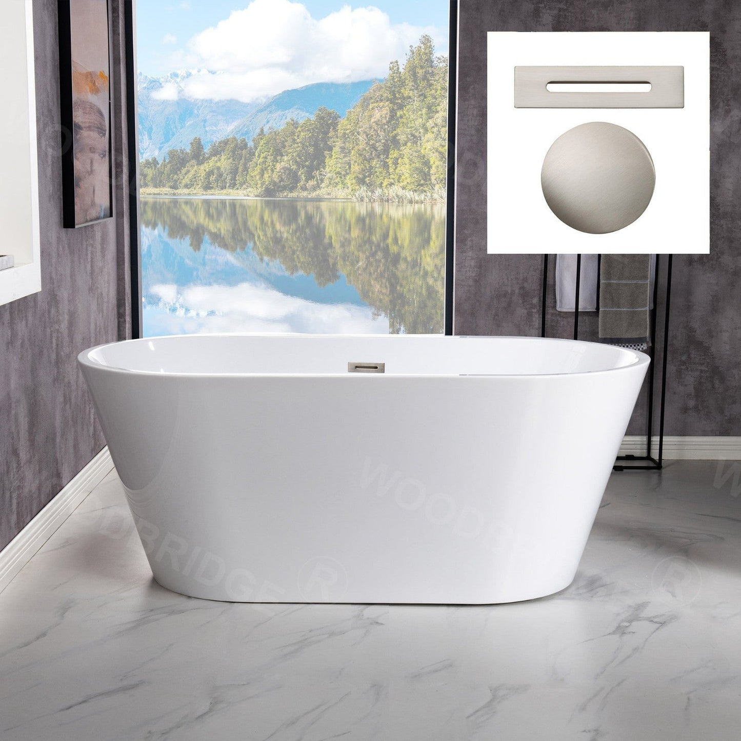 WoodBridge B1702 54" White Acrylic Freestanding Soaking Bathtub With Brushed Nickel Drain, Overflow, F0001BNRD Tub Filler and Caddy Tray