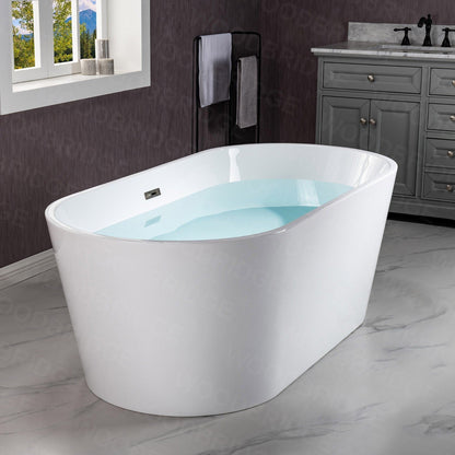 WoodBridge B1702 54" White Acrylic Freestanding Soaking Bathtub With Brushed Nickel Drain, Overflow, F0040BN Tub Filler and Caddy Tray