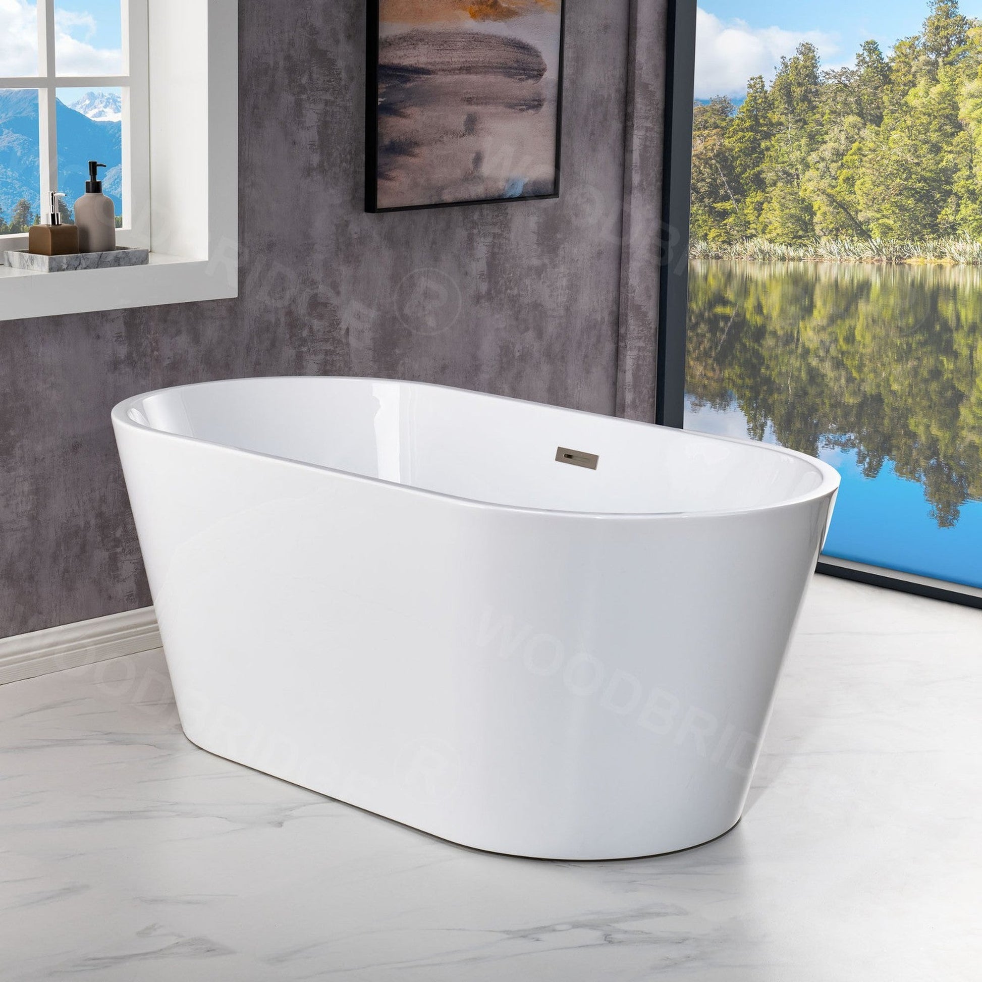 WoodBridge B1702 54" White Acrylic Freestanding Soaking Bathtub With Brushed Nickel Drain and Overflow