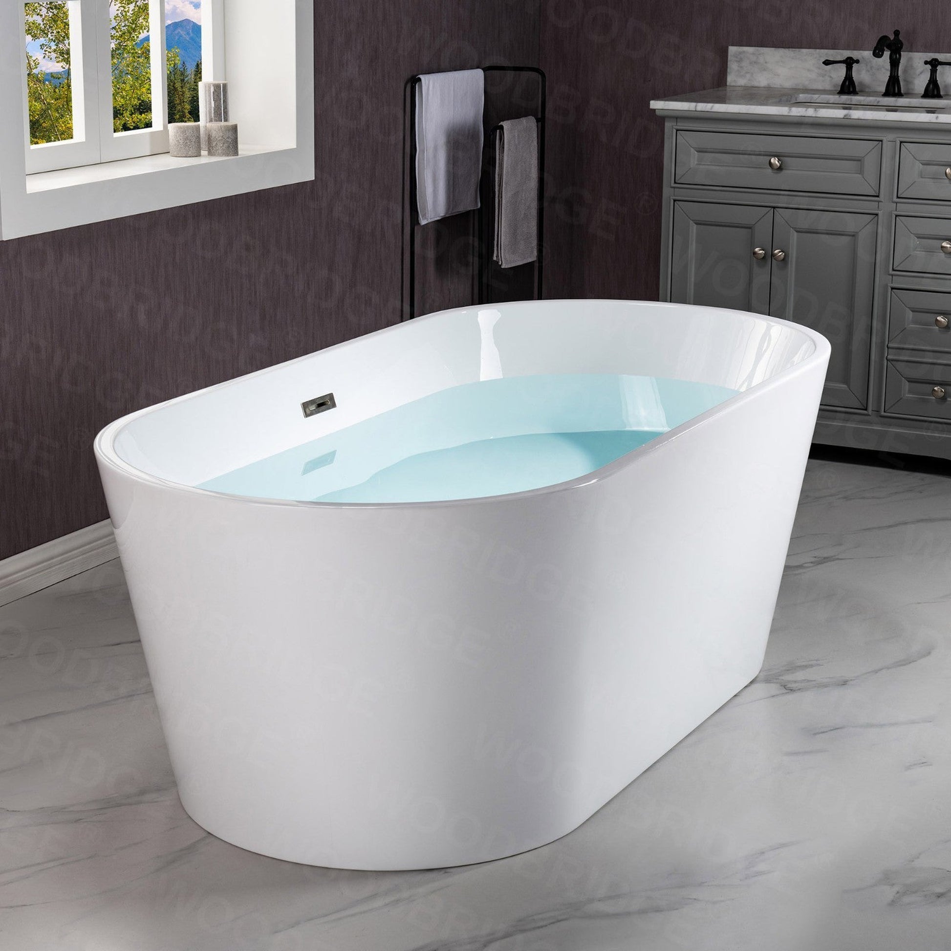 WoodBridge B1702 54" White Acrylic Freestanding Soaking Bathtub With Brushed Nickel Drain and Overflow