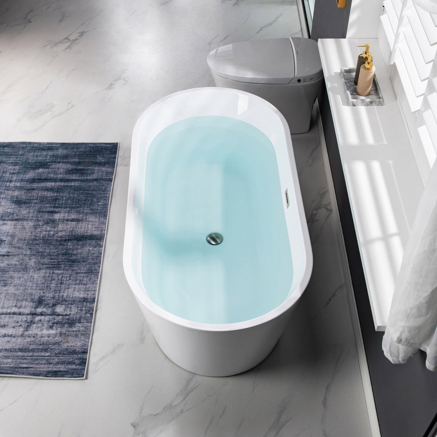 WoodBridge B1702 54" White Acrylic Freestanding Soaking Bathtub With Brushed Nickel Drain and Overflow