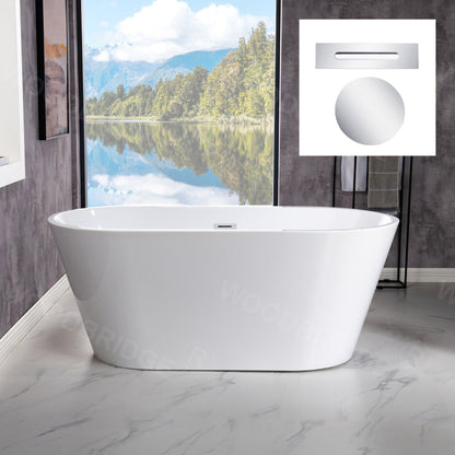 WoodBridge B1702 54" White Acrylic Freestanding Soaking Bathtub With Chrome Drain, Overflow, F-0004 Tub Filler and Caddy Tray