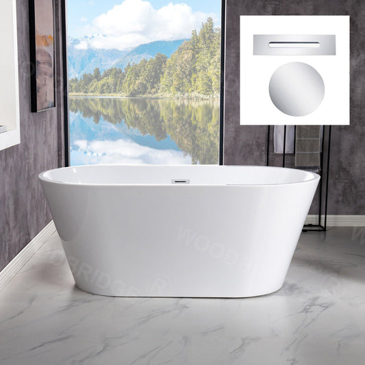 WoodBridge B1702 54" White Acrylic Freestanding Soaking Bathtub With Chrome Drain, Overflow, F-0017CH Tub Filler and Caddy Tray