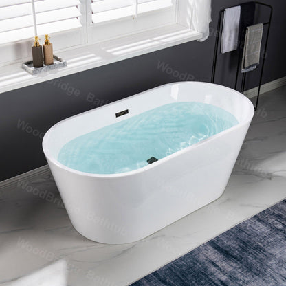 WoodBridge B1702 54" White Acrylic Freestanding Soaking Bathtub With Matte Black Drain, Overflow, F-0015 Tub Filler and Caddy Tray