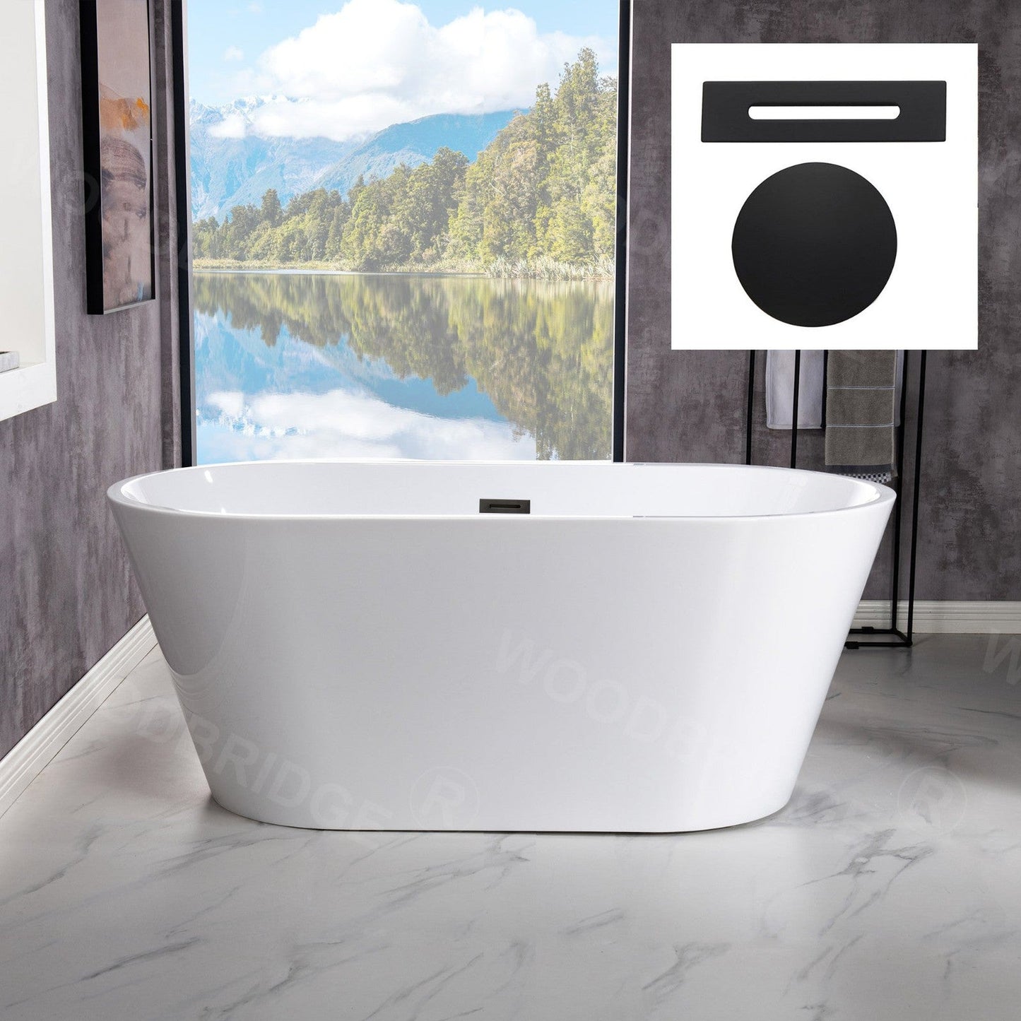 WoodBridge B1702 54" White Acrylic Freestanding Soaking Bathtub With Matte Black Drain, Overflow, F-0015 Tub Filler and Caddy Tray