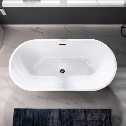 WoodBridge B1702 54" White Acrylic Freestanding Soaking Bathtub With Matte Black Drain, Overflow, F0037MB Tub Filler and Caddy Tray