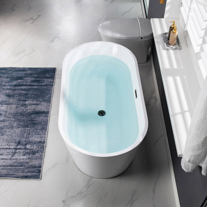 WoodBridge B1702 54" White Acrylic Freestanding Soaking Bathtub With Matte Black Drain and Overflow