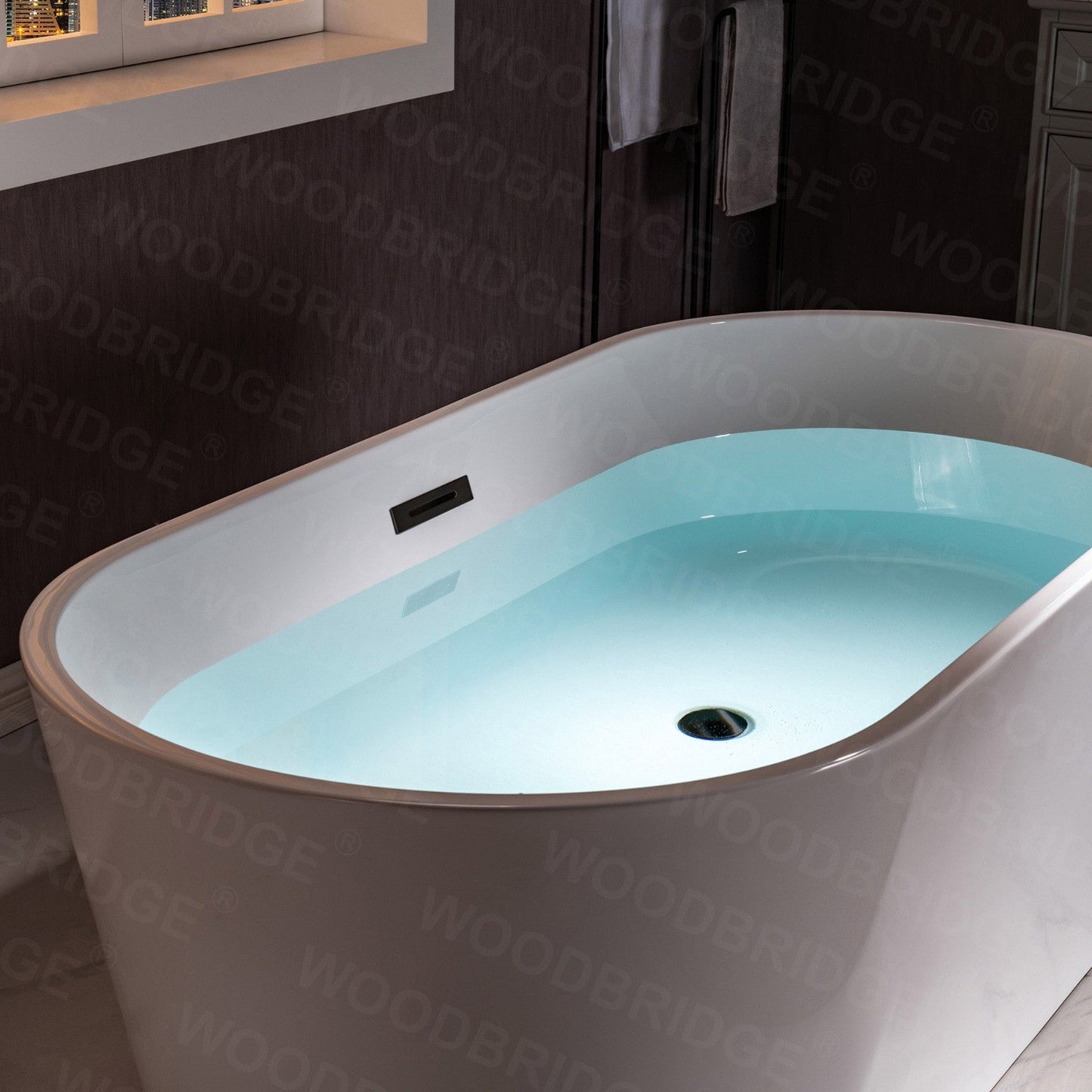 WoodBridge B1702 54" White Acrylic Freestanding Soaking Bathtub With Matte Black Drain and Overflow