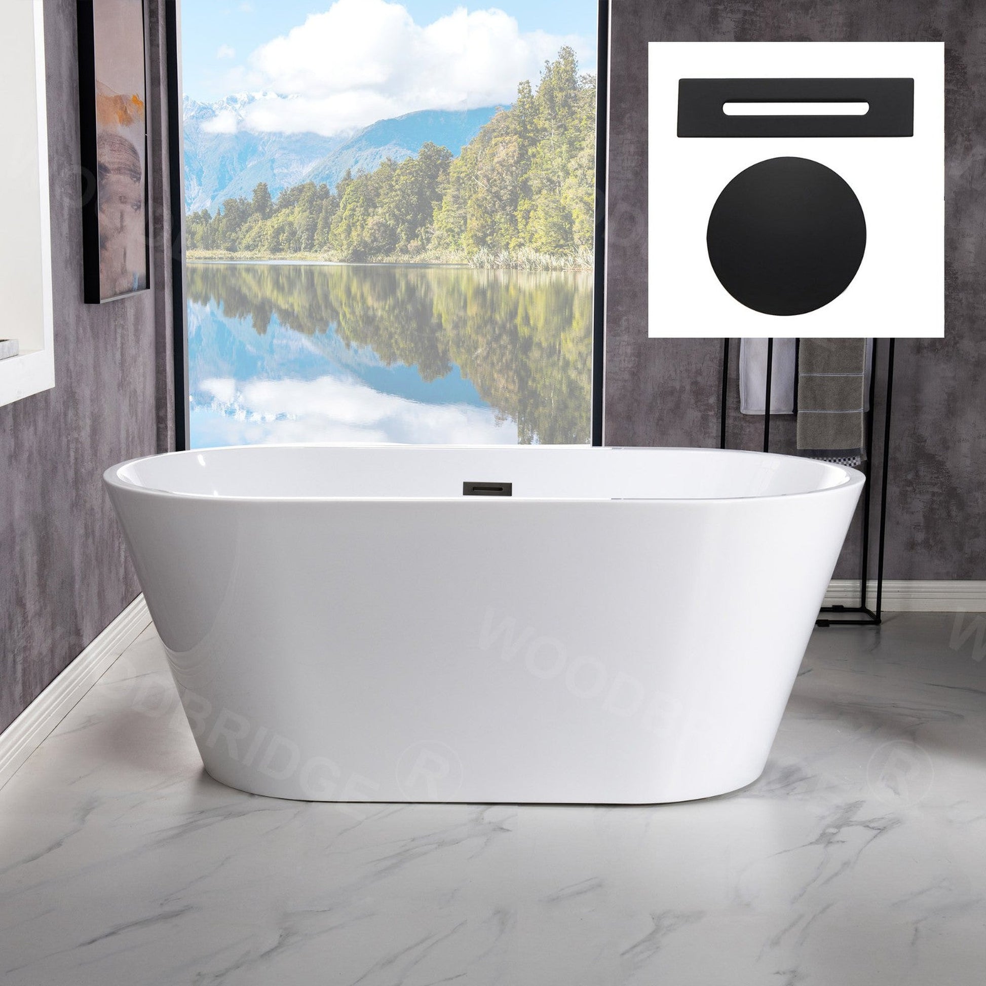 WoodBridge B1702 54" White Acrylic Freestanding Soaking Bathtub With Matte Black Drain and Overflow