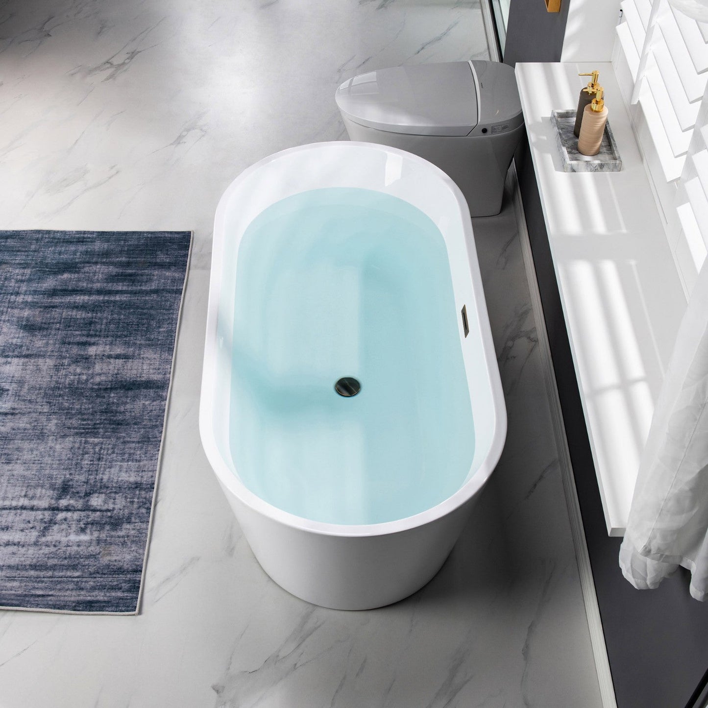 WoodBridge B1702 54" White Acrylic Freestanding Soaking Bathtub With Oil Rubbed Bronze Drain and Overflow