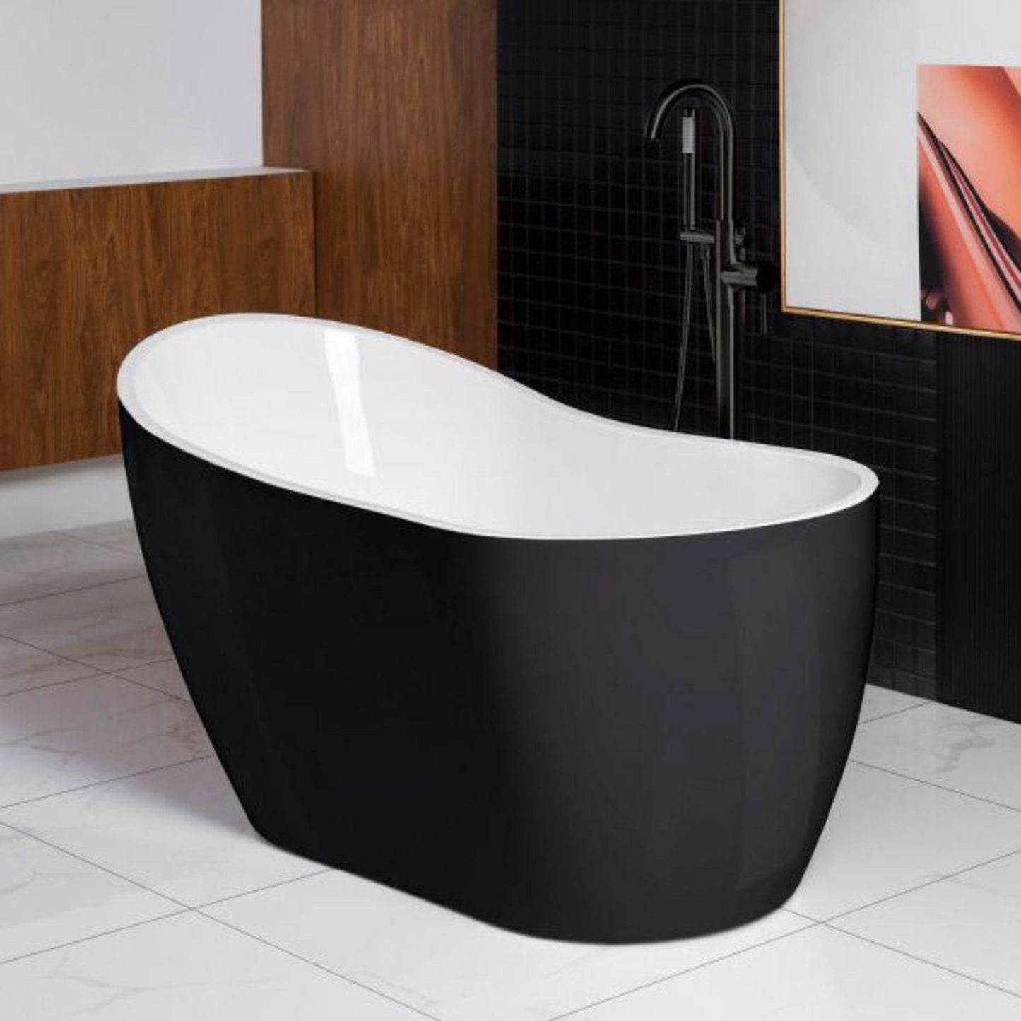 WoodBridge B1807 54" Black Acrylic Freestanding Contemporary Soaking Tub With Matte Black Overflow and Drain