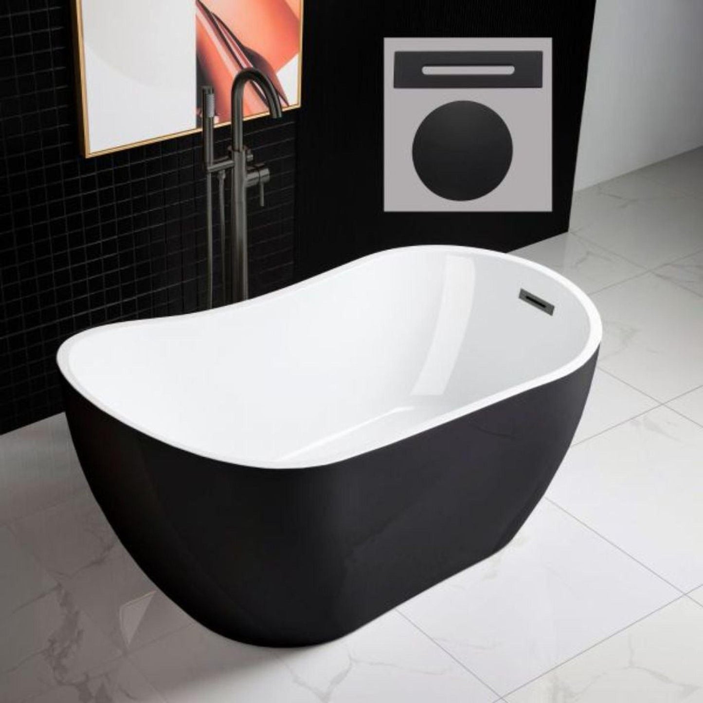 WoodBridge B1807 54" Black Acrylic Freestanding Contemporary Soaking Tub With Matte Black Overflow and Drain