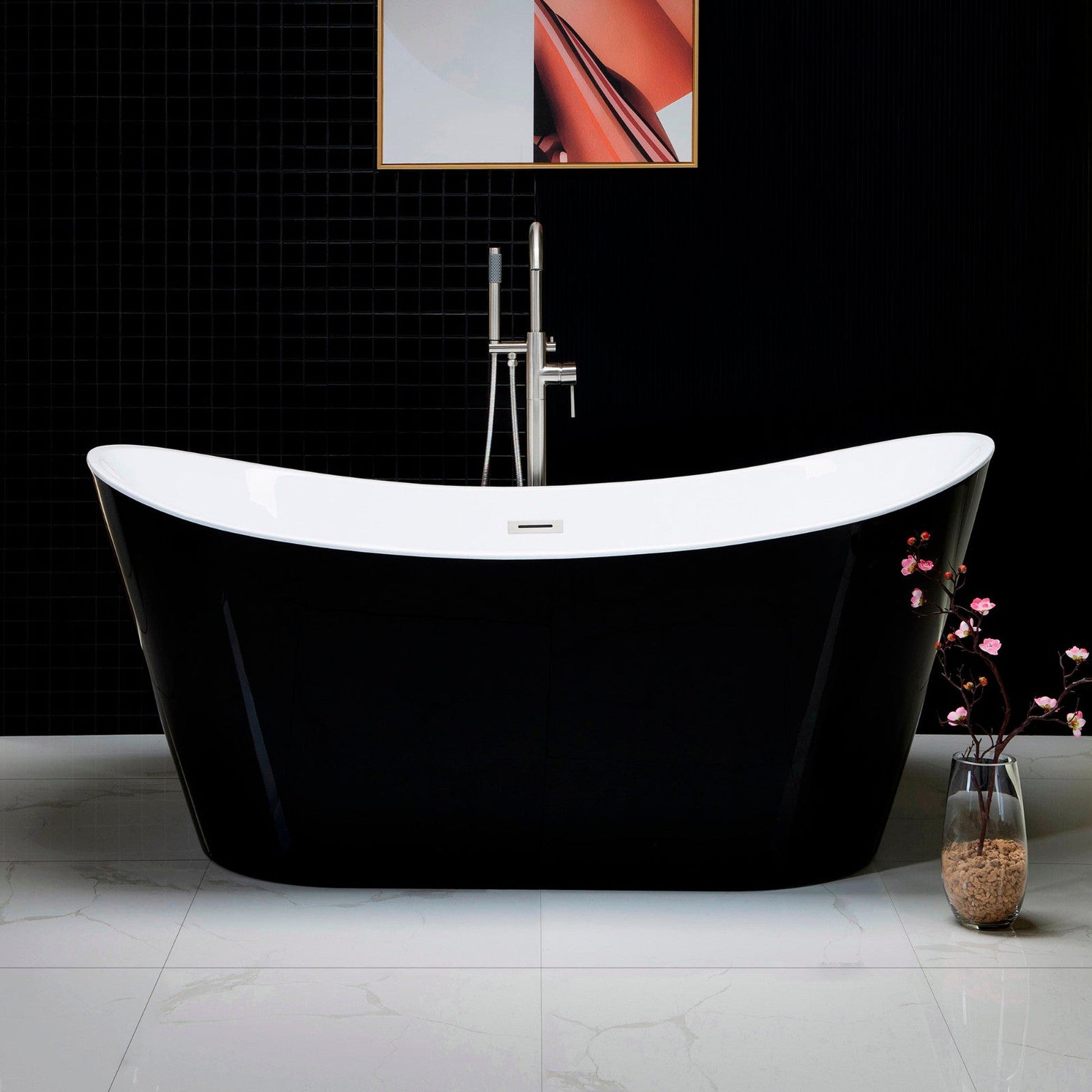 WoodBridge B1815 67" Black Acrylic Freestanding Contemporary Soaking Bathtub With Brushed Nickel Drain, Overflow, F0070BNVT Tub Filler and Caddy Tray