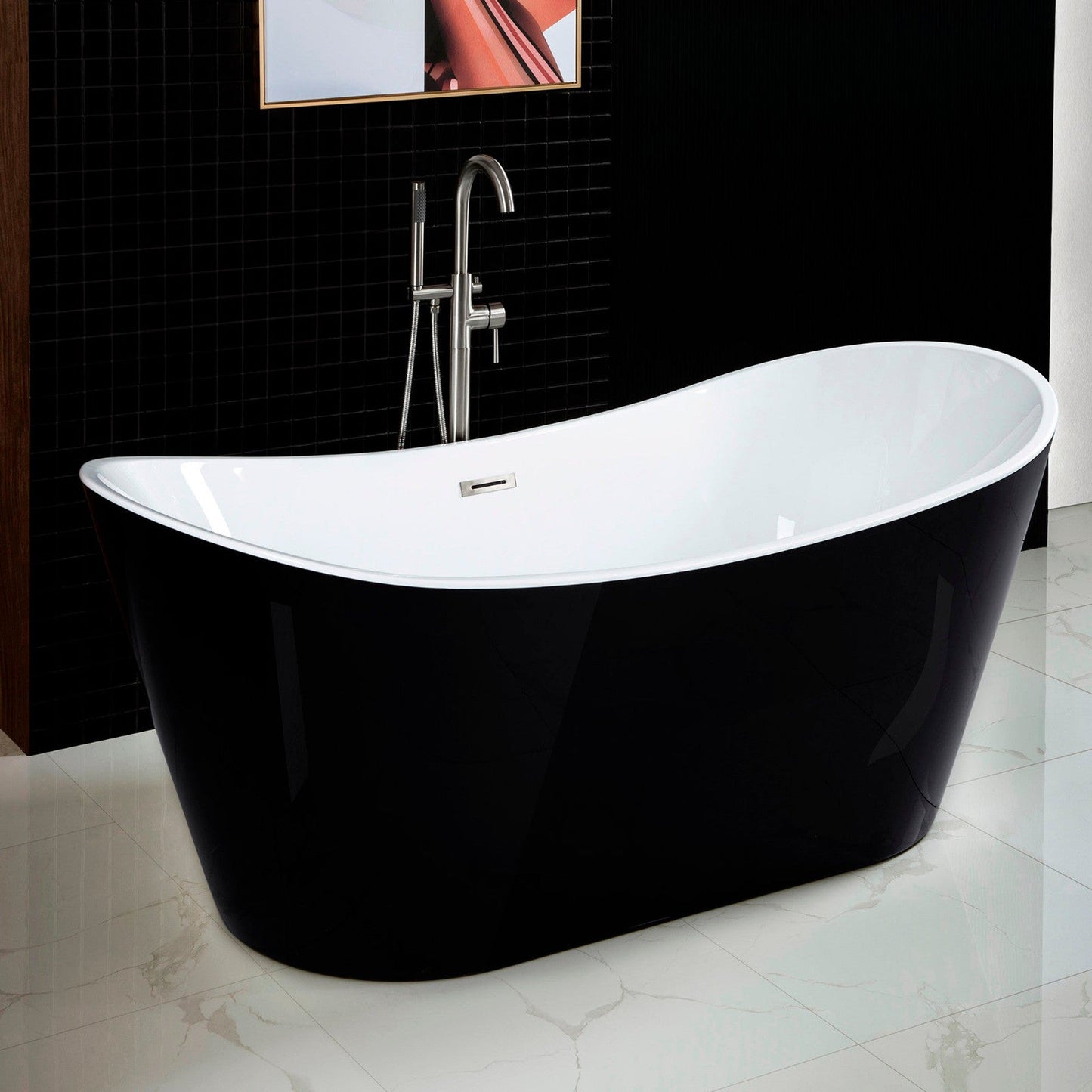 WoodBridge B1815 67" Black Acrylic Freestanding Contemporary Soaking Bathtub With Brushed Nickel Drain, Overflow, F0070BNVT Tub Filler and Caddy Tray