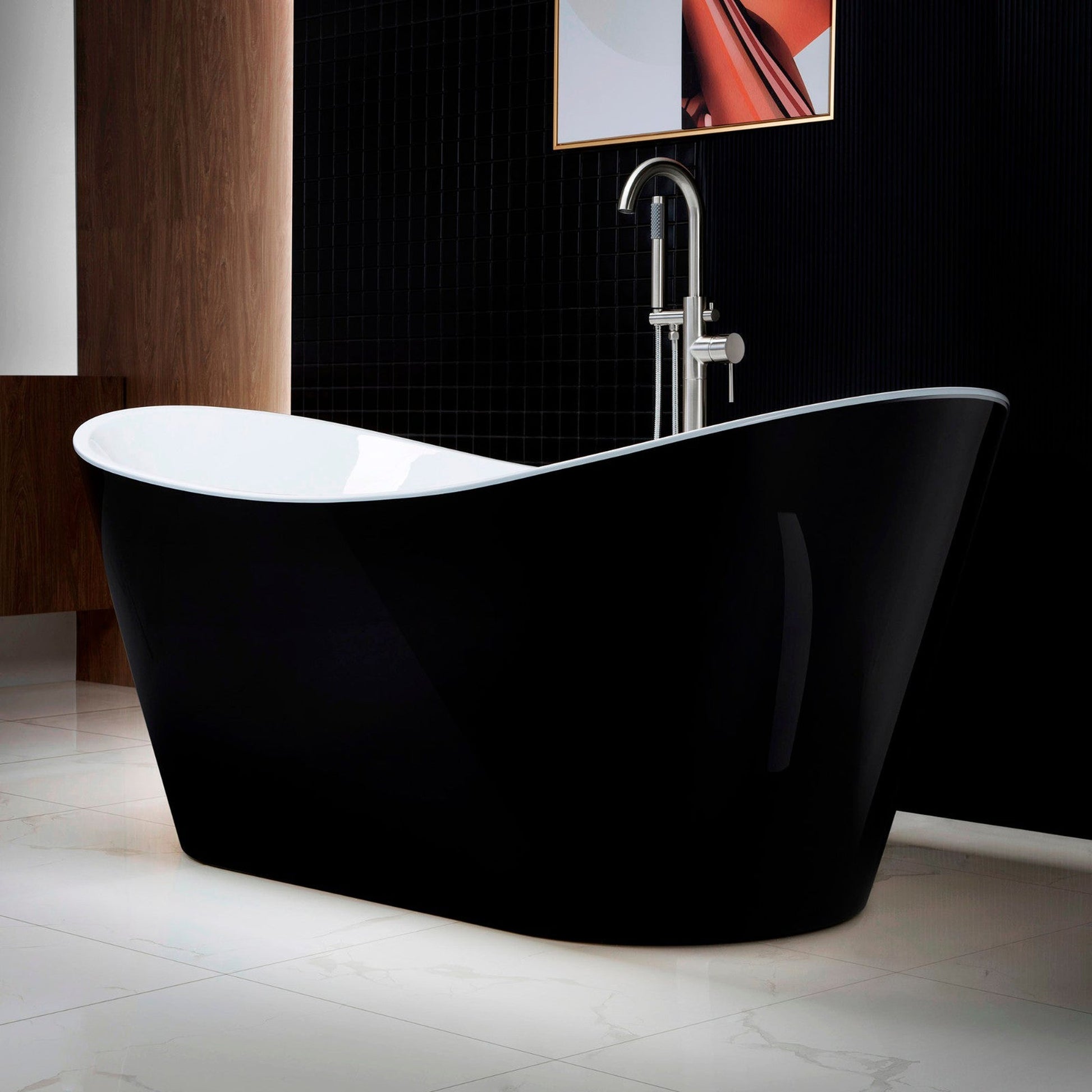 WoodBridge B1815 67" Black Acrylic Freestanding Contemporary Soaking Bathtub With Brushed Nickel Drain and Overflow