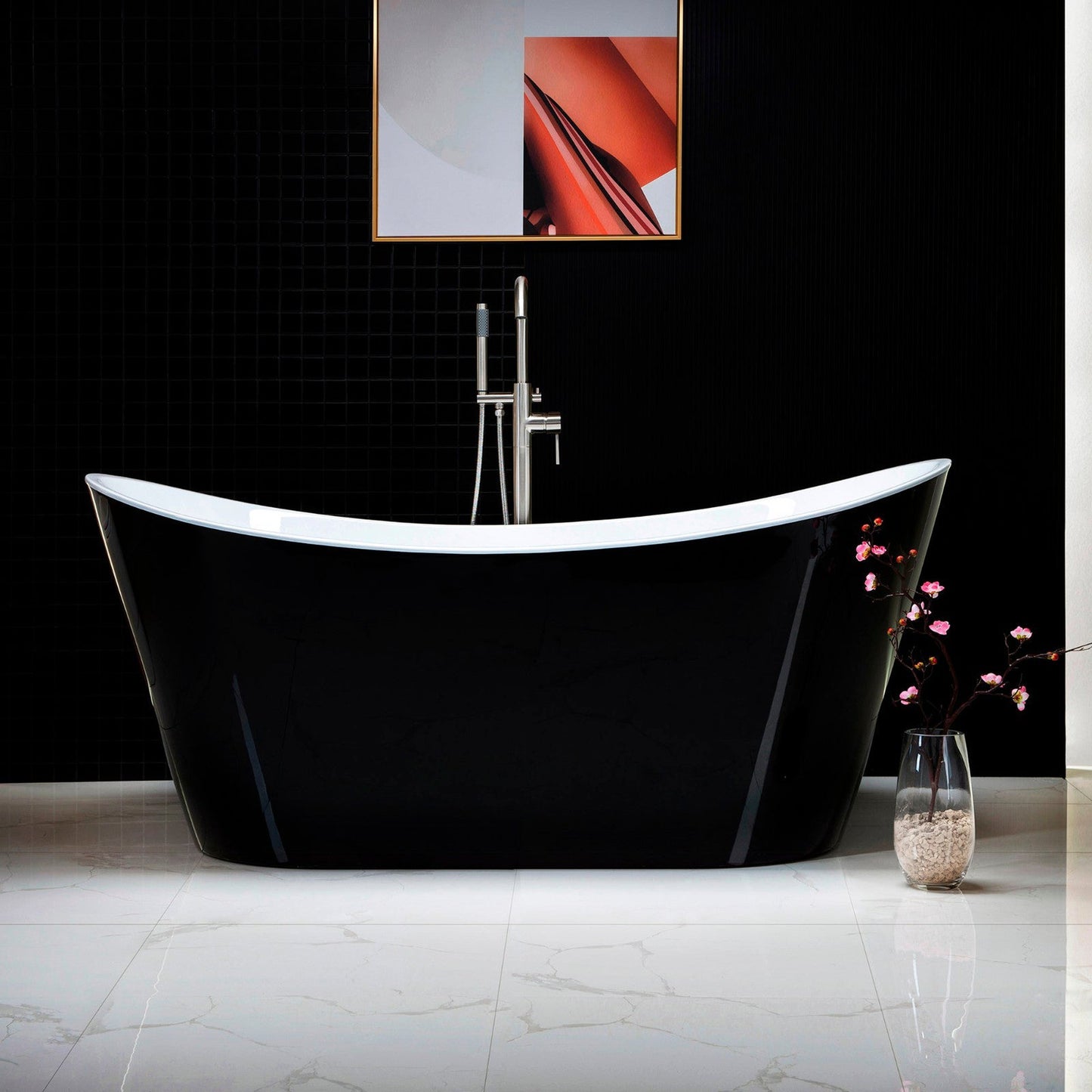 WoodBridge B1815 67" Black Acrylic Freestanding Contemporary Soaking Bathtub With Brushed Nickel Drain and Overflow