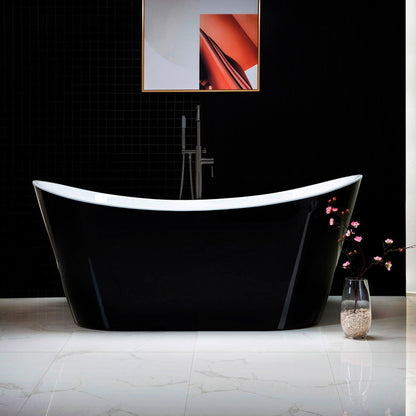WoodBridge B1815 67" Black Acrylic Freestanding Contemporary Soaking Bathtub With Matte Black Drain, Overflow, F0072MBVT Tub Filler and Caddy Tray