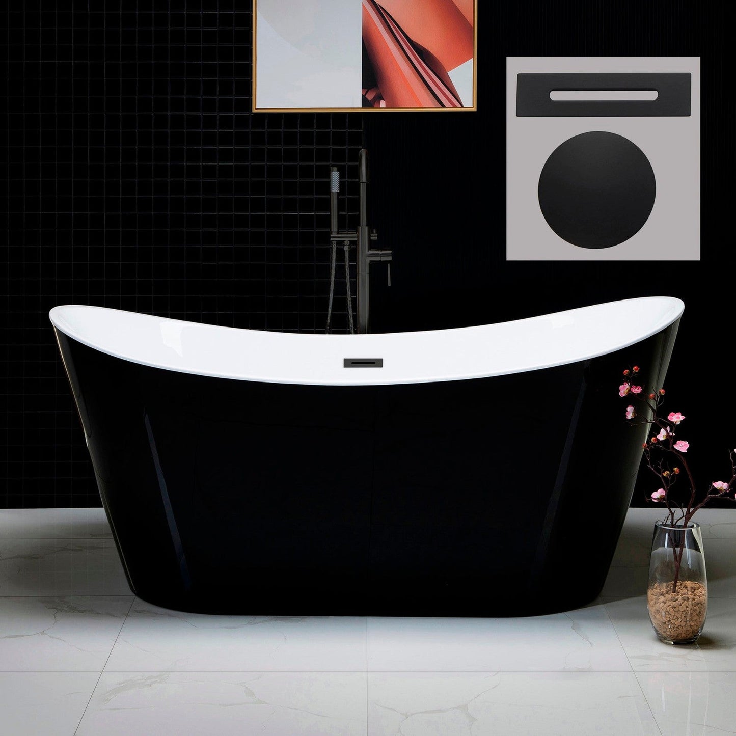 WoodBridge B1815 67" Black Acrylic Freestanding Contemporary Soaking Bathtub With Matte Black Drain, Overflow, F0072MBVT Tub Filler and Caddy Tray