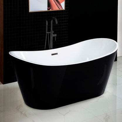 WoodBridge B1815 67" Black Acrylic Freestanding Contemporary Soaking Bathtub With Matte Black Drain, Overflow, F0072MBVT Tub Filler and Caddy Tray