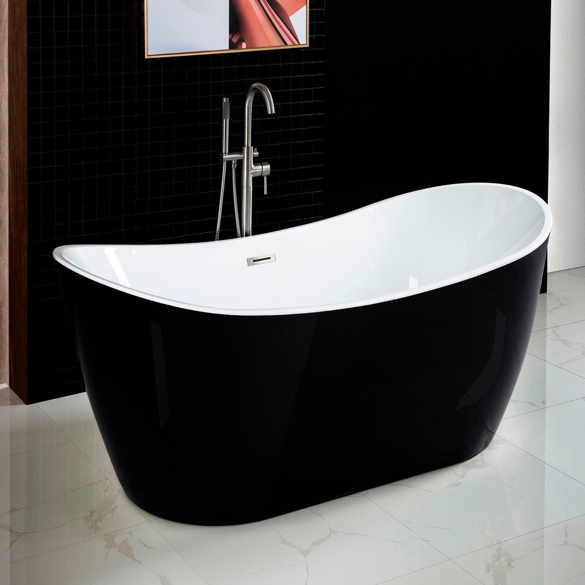 WoodBridge B1816 59" Black Acrylic Freestanding Soaking Bathtub With Brushed Nickel Drain, Overflow, F0070BNVT Tub Filler and Caddy Tray